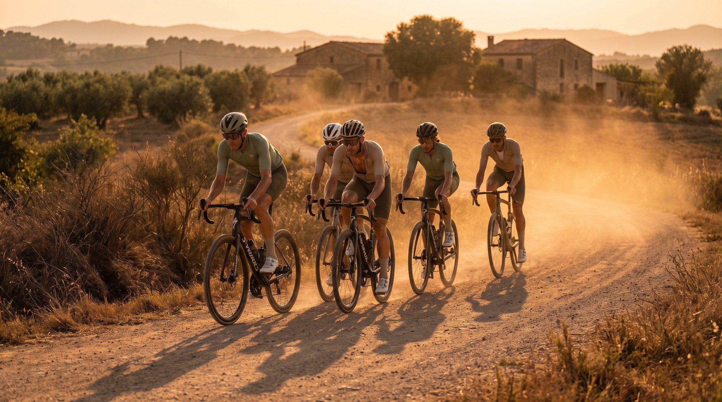A group of cyclists riding a country road at sunset