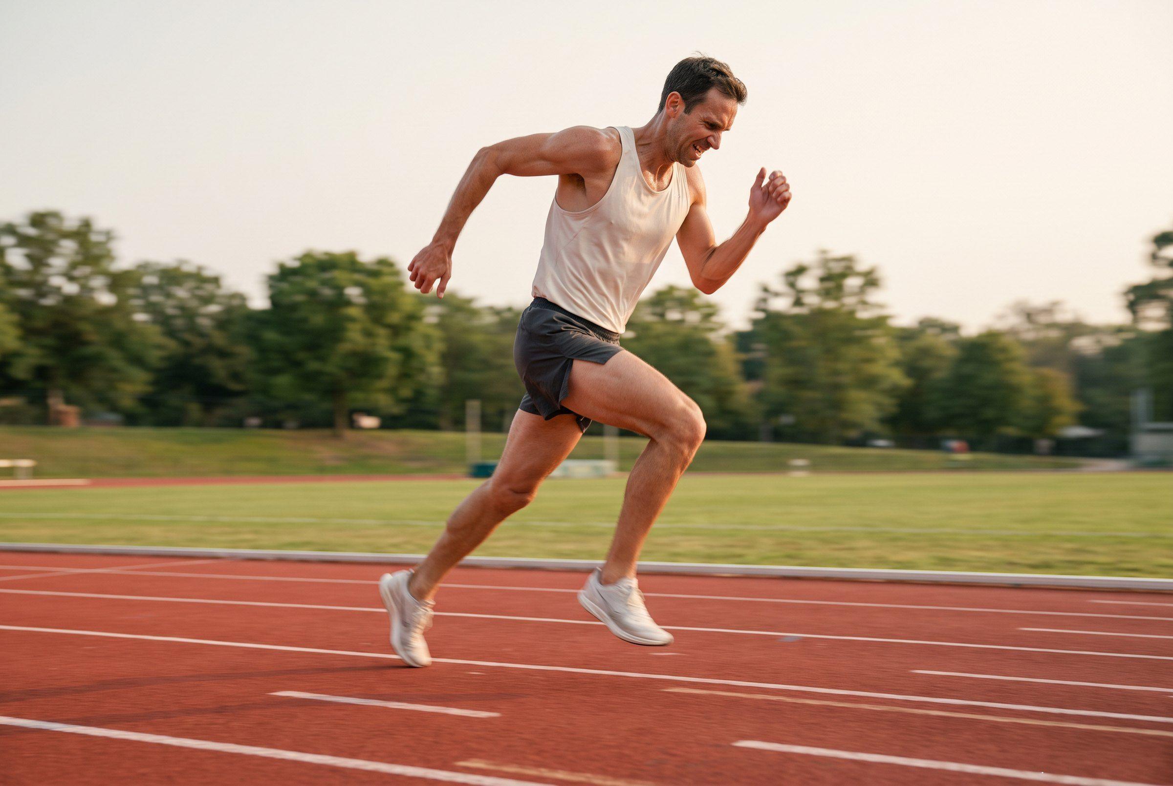 A man sprinting on a red running track beside a green park